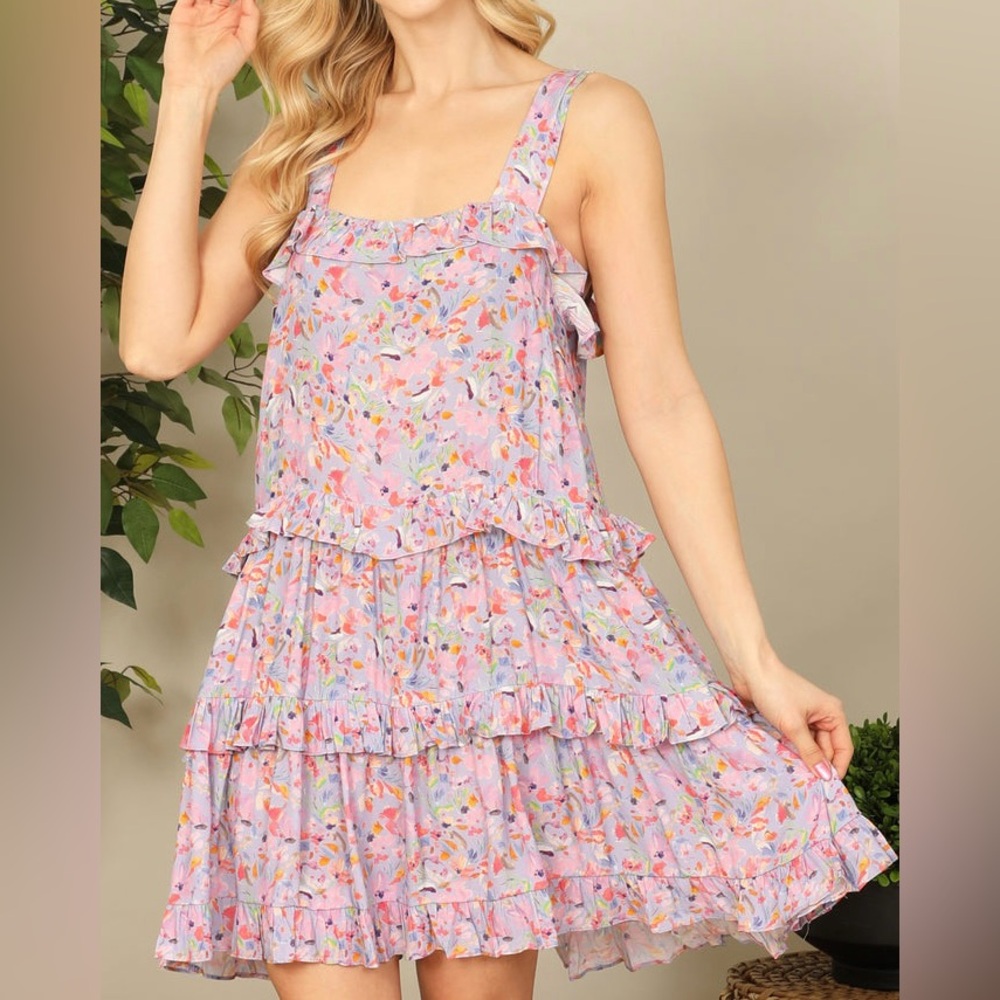 Olivaceous MIX RUFFLE DETAIL LAYERED HEM PRINTED DRESS SZ Small